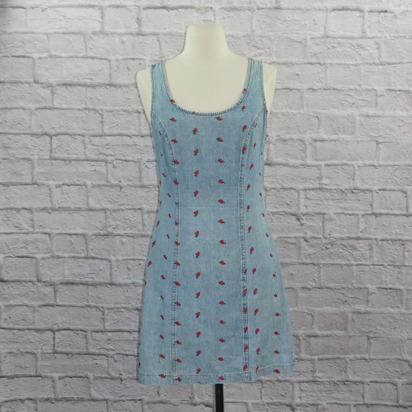 Vintage 90s Denim Embroidered Ditsy Rose Jumper Dress - Picture 1 of 10